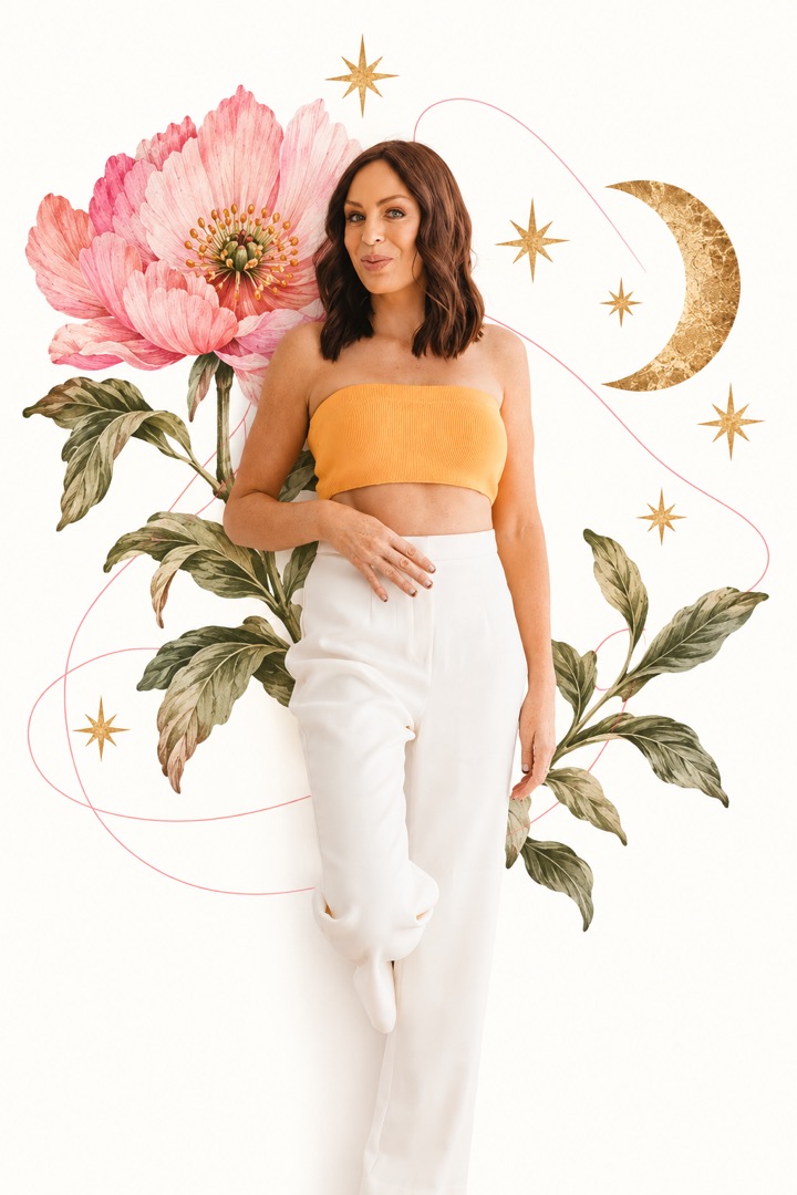Stevie Dillon in a marigold top, framed by illustrated pink peonies, leaves, a gold crescent moon and stars